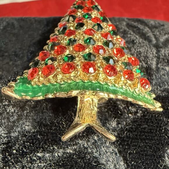 VTG Christmas Tree Pendant Brooch Gold Tone Metal Red Green Rhinestone Enamel 2” - Picture 5 of 12